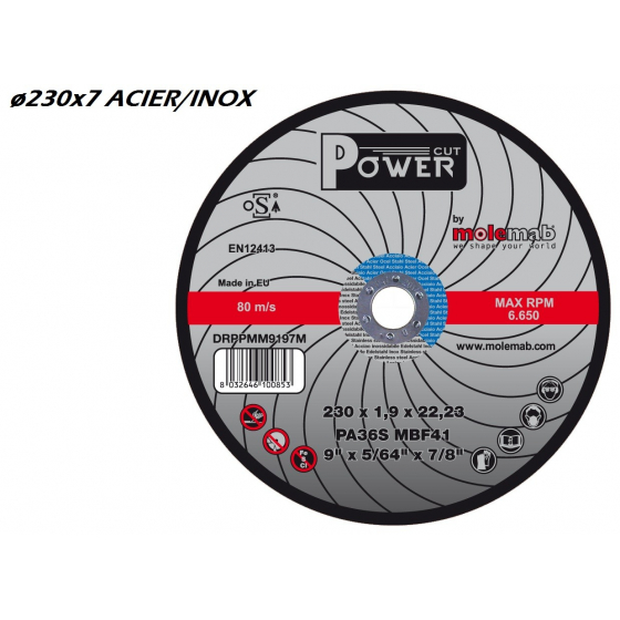 Disque à ébarber MOLEMAB POWER ø 230x7 moyeu déporté mixte acier/inox