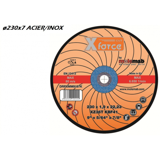 Disque à ébarber 230x7 moyeu déporté mixte acier MOLEMAB X FORCE