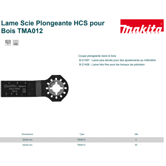 Makita B-34643 Lot de x20 Lame Scie Plongeante type TMA012 HCS pour Bois (32x40mm)
