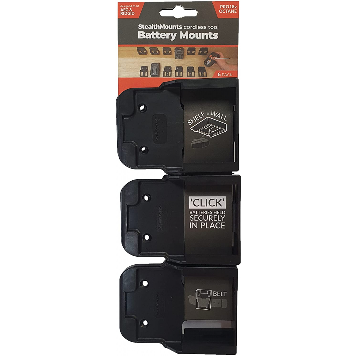 StealthMounts Supports de batteries AEG & Ridgid 18v 6-pack NOIR  BM-RG18-BLK-6