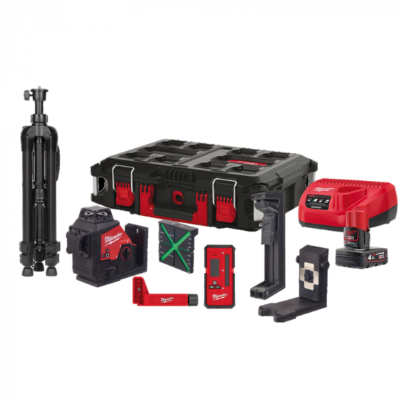 Milwaukee M12 3PLKIT-401P Laser Vert 3 Lignes 360° 1x4.0Ah + Trépied + Cellule + Coffret Packout (4933478960)