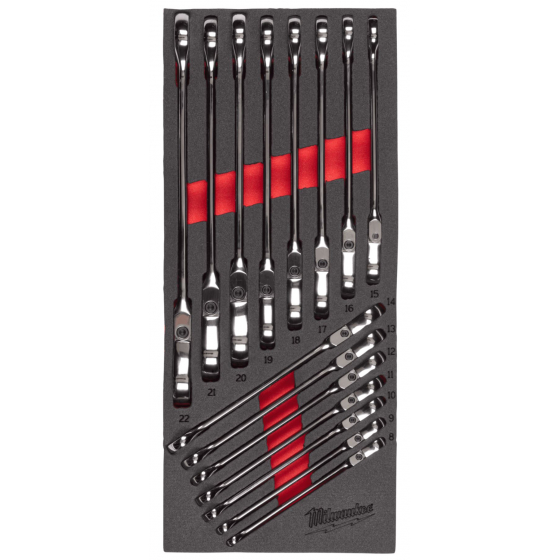 Milwaukee Jeu de x15 clés plate à cliquet articulée avec module mousse pour servante d'atelier (4932479829) Milwaukee Jeu de x15 clés plate à cliquet articulée avec module mousse pour servante d'atelier (4932479829)