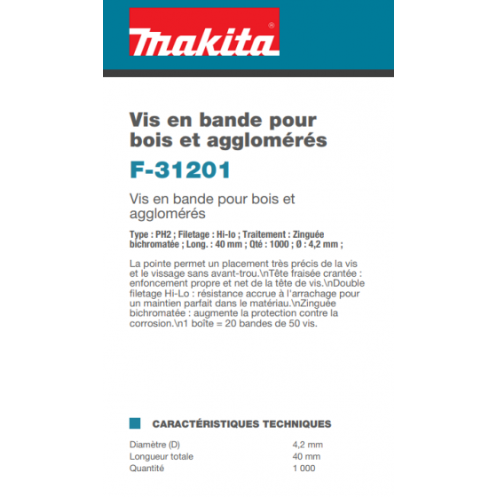 Makita F-31201 Vis en bande 4.2x40mm pour bois et agglomérés