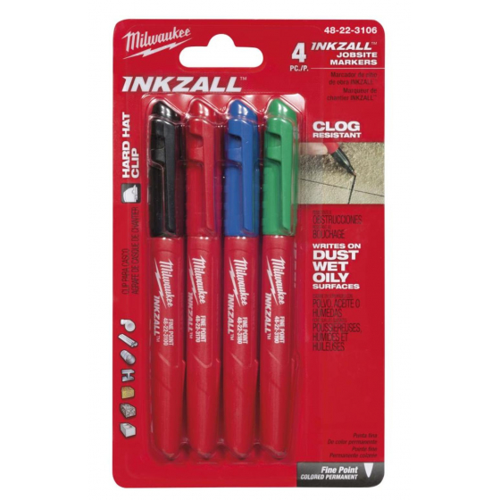 Milwaukee x4 Marqueurs INKZALL Noir, Bleu, Vert et Rouge pointe Fine (48223106)