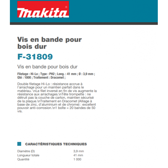 Makita F-31809 Vis en bande 3.9x41mm pour bois dur