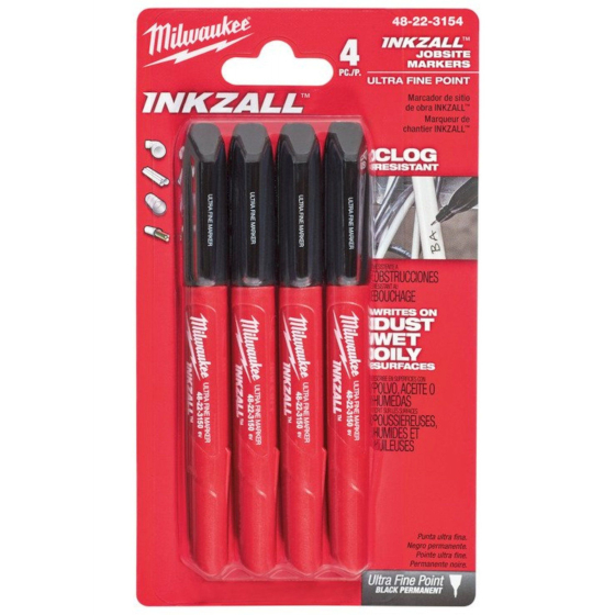 Milwaukee x4 Marqueurs INKZALL Noir pointe Ultra Fine (48223154)