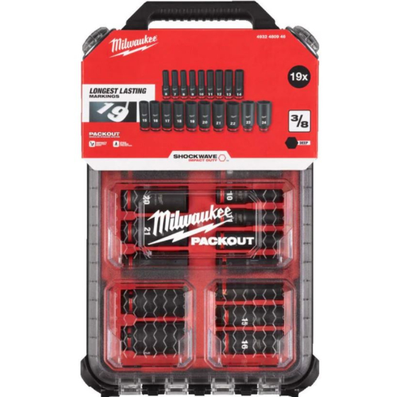 Milwaukee Coffret de 19 douilles 3/8" longues Shockwave avec coffret PACKOUT (4932480946)