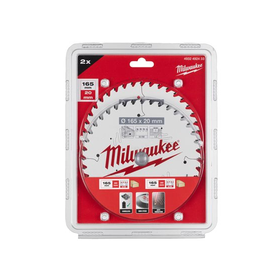 Milwaukee Pack de x2 Lames de scie circulaire Bois Ø165x20x40Dts ATB (4932492433)