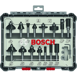 Bosch Kit de 15 fraises mixtes ø8 mm pour défonceuse avec un cutter offert (0615997653)