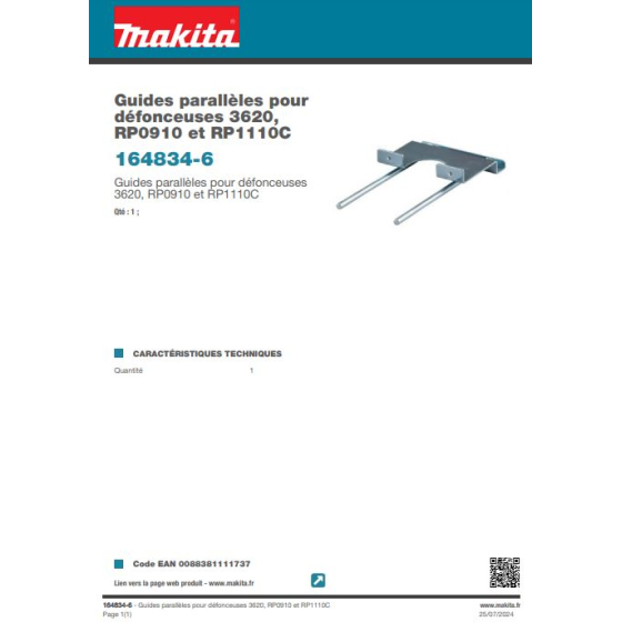 Makita Guides parallèles pour défonceuses 3620, RP0910 et RP1110C (164834-6)