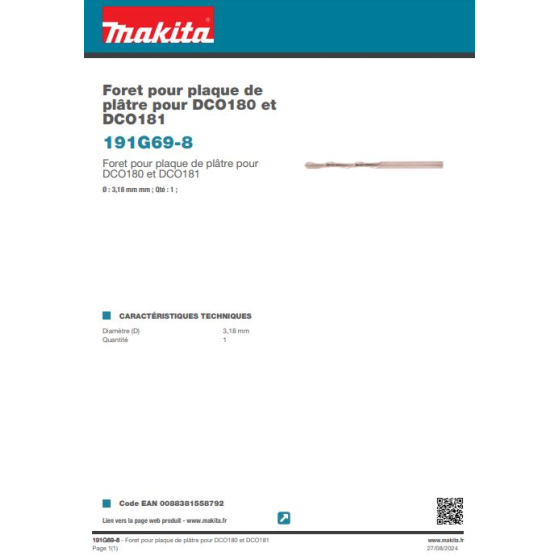 Makita Foret pour plaque de plâtre ø3.18mm 191G69-8