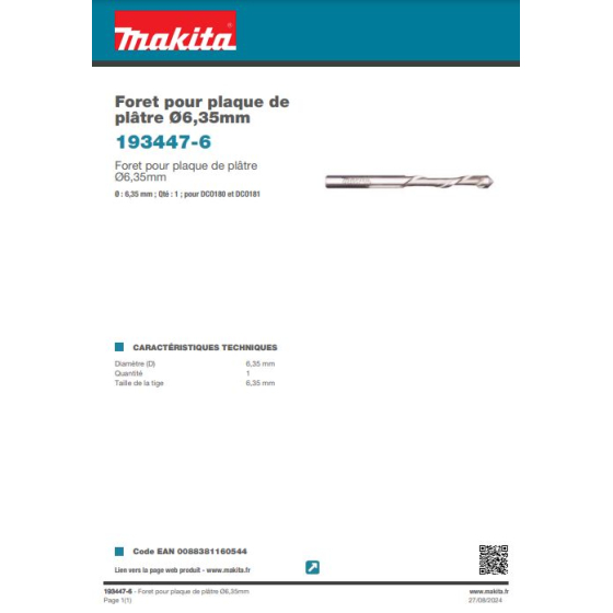 Makita Foret pour plaque de plâtre ø6.35mm 193447-6