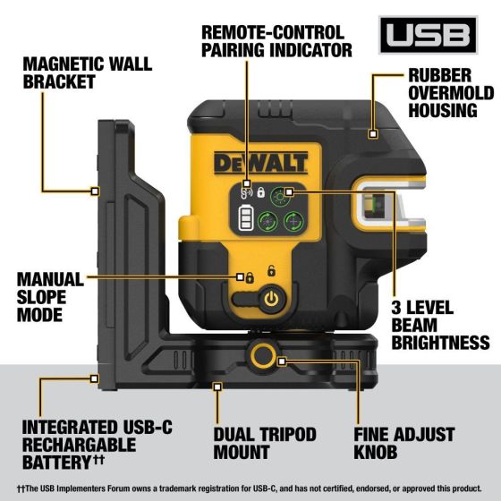 DeWalt DCLE14251GB-XJ Niveau laser croix + 5 points 3x180° verts USB-C DeWalt DCLE14251GB-XJ Niveau laser croix + 5 points 3x180° verts USB-C