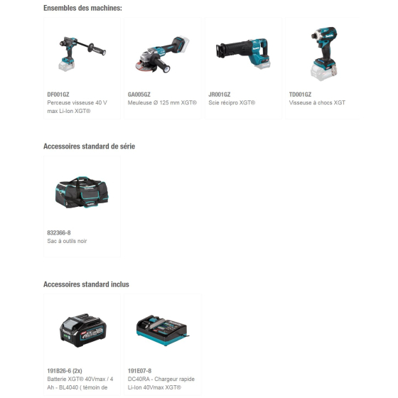 Makita DK0126G401 Ensemble de 4 machines 40 V max Li-Ion 2x4.0Ah XGT (DF001G + GA005G + TD001G + JR001G)