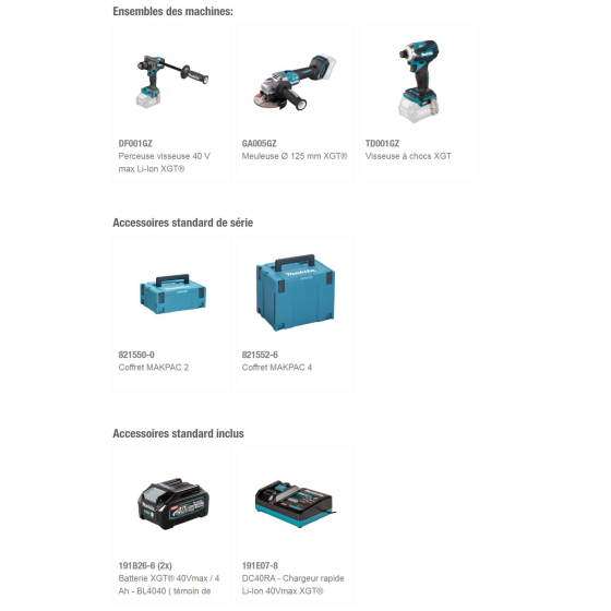 Makita DK0125G301 Ensemble de 3 machines 40 V max Li-Ion 2x4.0Ah XGT DF001G + GA005G + TD001G)