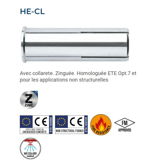 Index HE-CL Cheville à expansion avec collerette zinguée (M6/M8/M10/M12/M16/M20)
