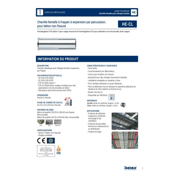 Index HE-CL Cheville à expansion avec collerette zinguée (M6/M8/M10/M12/M16/M20) Index HE-CL Cheville à expansion avec collerette zinguée (M6/M8/M10/M12/M16/M20)