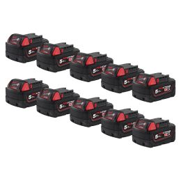 Milwaukee M18B5 Pack de 10 Batteries 18V 5.0Ah Red Lithium-Ion (4932430483)