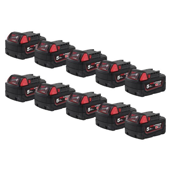 Milwaukee M18B5 Pack de 10 Batteries 18V 5.0Ah Red Lithium-Ion (4932430483)