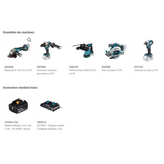 Makita Ensemble de 5 machines 18 V Li-Ion LXT DHP492, DTD154, DHR243, DHS680, DGA506 4x5.0Ah (DLX5106PTJ)