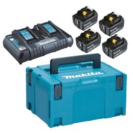 Makita Pack Énergie 18V Li-Ion 5.0Ah (4 batteries BL1850B + 1 chargeur double DC18RD) avec coffret MAK-PAC (197626-8)