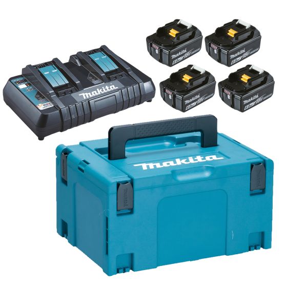 Makita Pack Énergie 18V Li-Ion 6.0Ah (4 batteries BL1860B + 1 chargeur double DC18RD) avec coffret MAK-PAC (198091-4)