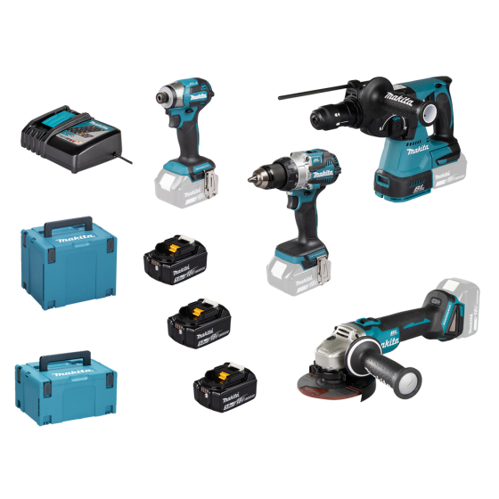 Makita Ensemble de 4 machines 18 V LXT DHP489, DGA504, DHR243, DTD173 3x5.0Ah (DLX4195JX1)