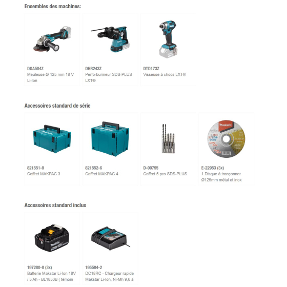 Makita Ensemble de 4 machines 18 V LXT DHP489, DGA504, DHR243, DTD173 3x5.0Ah (DLX4195JX1)