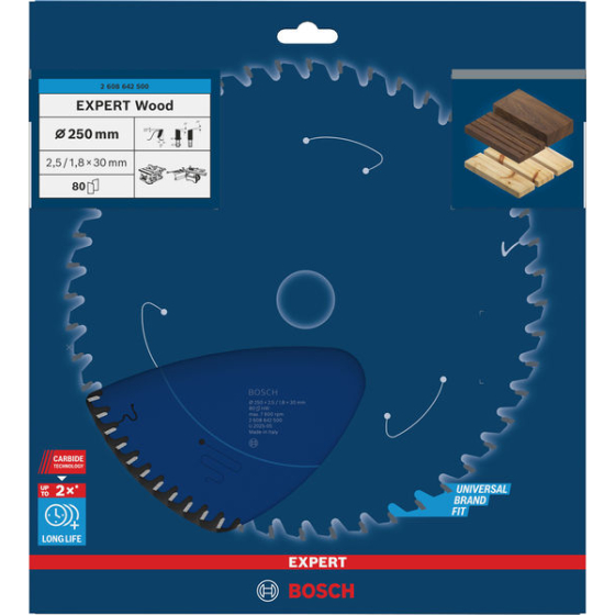 Bosch EXPERT for Wood Lame bois de scie circulaire 250 x 30 x 2,5 mm 80Dts (2608642500)