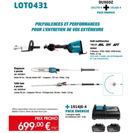 Makita DUX60Z Outil Multifonctions 2x18V Li-Ion + Élagueuse + Taille haie à perche 2x5.0Ah (LOT0431)