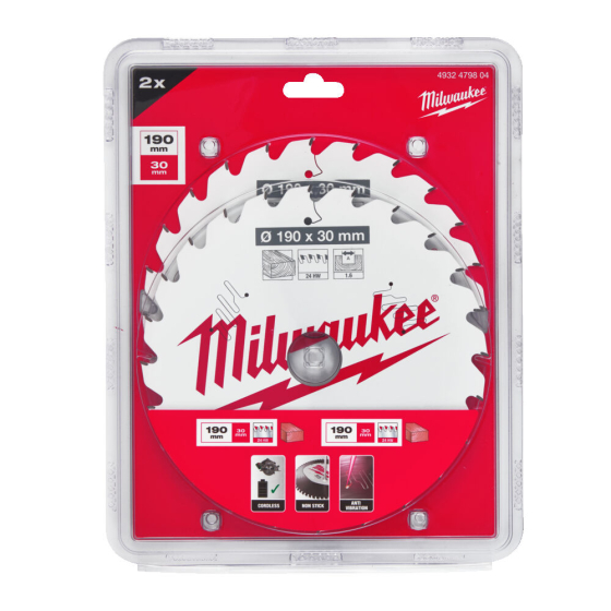 Milwaukee Lot de 2 lames de scie circulaire Bois Ø190x30x24Dts (4932479804)