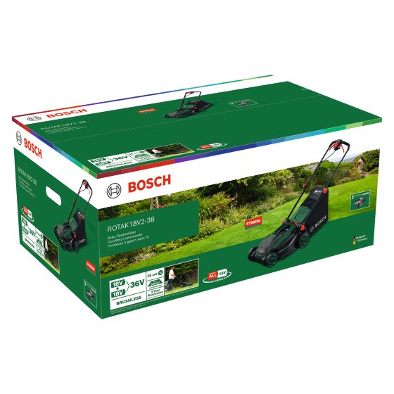 Tondeuse sans fil Bosch Rotak 18V2-38 avec 3 batteries de 4.0Ah (06008B9M00)