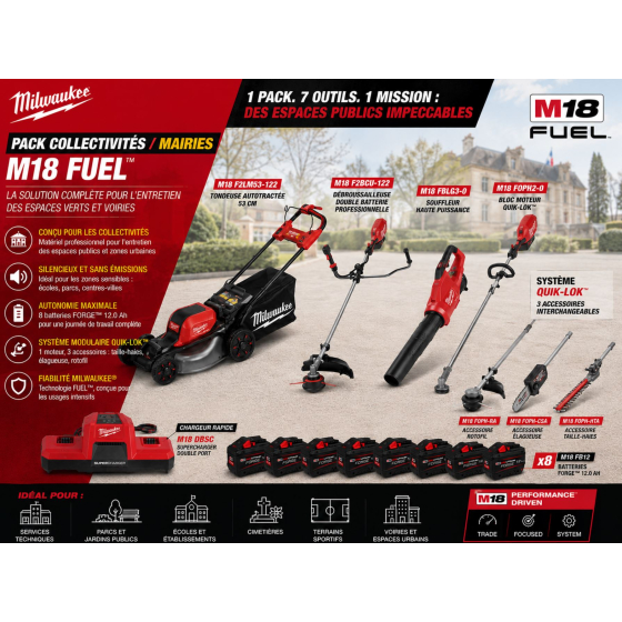 Milwaukee Kit 4 outils de jardins sans fil M18 FUEL 9x12Ah pour Mairie