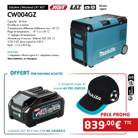 Makita CW004GZ Glacière & réchaud 25L XGT 40V 1x4.0Ah (OP COUPE DU MONDE)