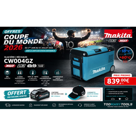 Makita CW004GZ Glacière & réchaud 25L XGT 40V 1x4.0Ah (OP COUPE DU MONDE)