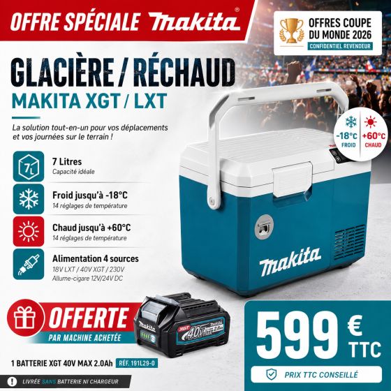 Makita CW003GZ01 Glacière & réchaud 7L XGT 40V & LXT 18V 1x4.0A (OP COUPE DU MONDE)