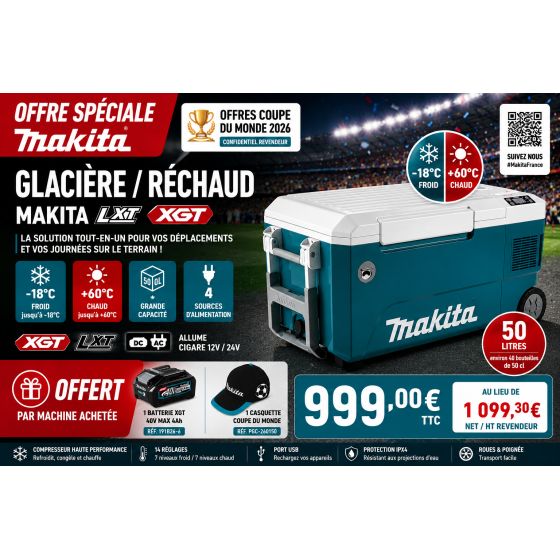 Makita CW002GZ01 Glacière & réchaud 50L XGT 40V & LXT 18V 1x4.0A (OP COUPE DU MONDE)