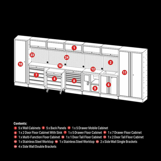 Bunker Ensemble modulaire d'atelier 25 éléments avec évier et plan de travail bois 4915mm