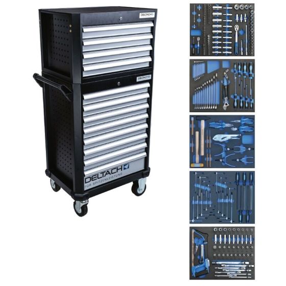 Deltach Servante d'atelier D2-COMPACT avec Top-box, 5 tiroirs mousse remplis, 214pcs (524254)