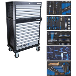 Deltach Servante d'atelier D2-XL avec Top-box, 5 tiroirs mousse remplis, 350pcs (525254)