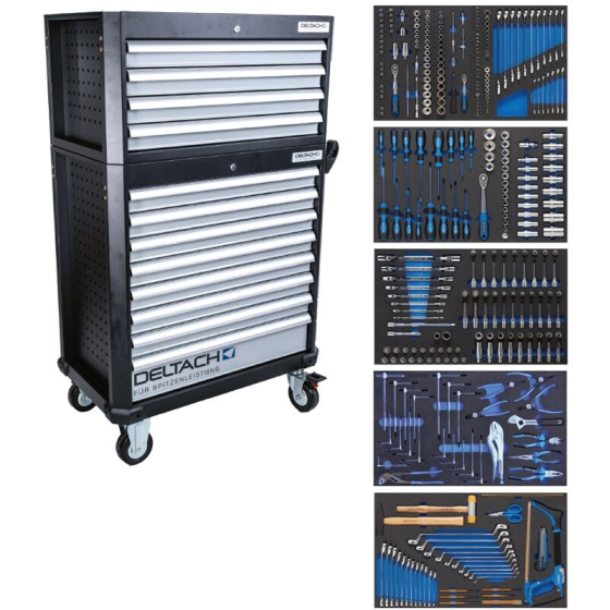 Deltach Servante d'atelier D2-XL avec Top-box, 5 tiroirs mousse remplis, 350pcs (525254)