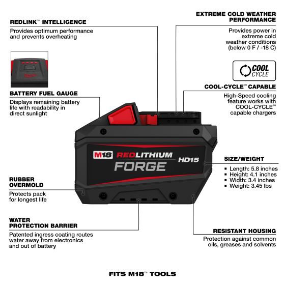 Milwaukee M18 FB15 Batterie M18 FORGE 18V 15.0Ah Red Lithium-Ion (48-11-1819)