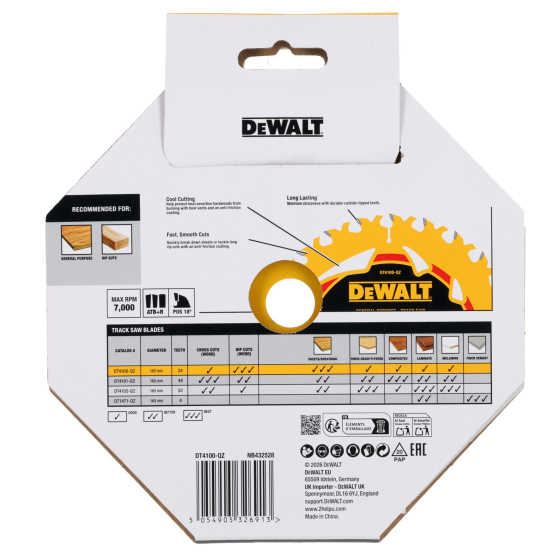 DeWalt DT4102-QZ Lame de scie plongeante ø165x20mm 52Dts extrême Bois "Elite Series"