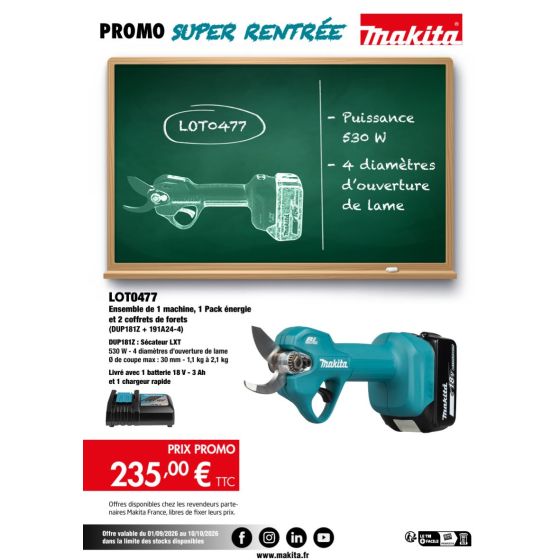 Makita LOT0477 Sécateur sans fil LXT 18V DUP181Z + Batterie 3,0 Ah + Chargeur DC18RC