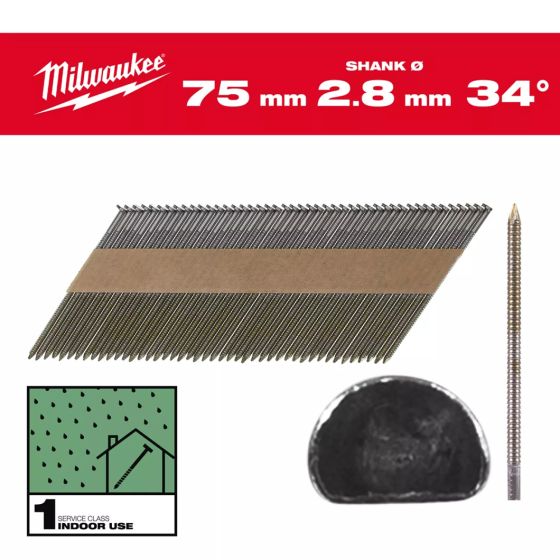 Milwaukee Pointes 75mm ø2.8mm annelés brillants en bande x2200 pcs (4932492607)