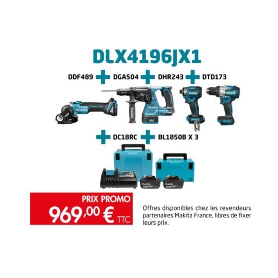 Makita Ensemble de 4 machines 18 V LXT DDF489, DGA504, DHR243, DTD173 3x5.0Ah (DLX4196JX1)
